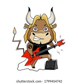 Cool bull plays red electric guitar. Musician at a concert. Cartoon symbol of 2021. Vector illustration