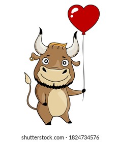 Cool bull with red heart-shaped balloon. Cartoon symbol of 2021. Vector illustration