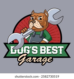 Cool Bulldog Garage Mechanic holding Wrench or Spanner Mascot Cartoon Character Illustration