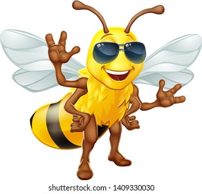 A cool bumble bee cartoon character in sunglasses or shades standing and waving