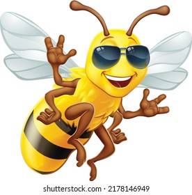 Un personaje de caricatura de una abeja de burbujas fría con gafas de sol o sombras volando y ondeando