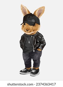 cool bunny in black leather jacket rock style vector illustration