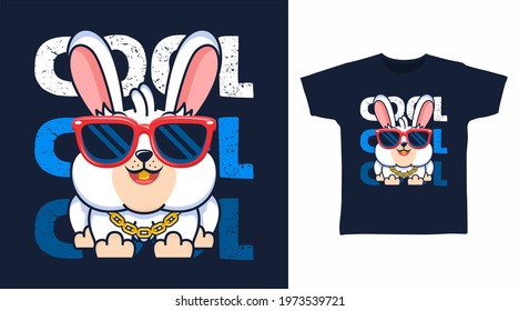 Cool bunny with glasses cartoon illustration tee design vector.