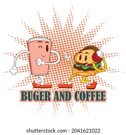 Cool burger mascot and coffee drink