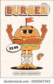 Cool burger poster in retro groovy style. Trendy cartoon illustration. Maskot for cafes, bars, restaurants.