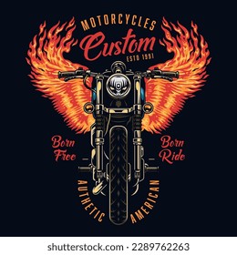 Cool burning motorcycle poster colorful with fiery wings and inscription authentic american for members of biker community vector illustration