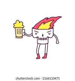 Cool burning skull character holding glass of beer, illustration for t-shirt, sticker, or apparel merchandise. With doodle cartoon style.