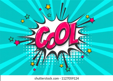 Cool burst wow comic text speech bubble. Colored pop art style sound effect. Halftone vector illustration banner. Vintage comics book poster. Colored funny cloud font.