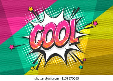 Cool burst wow comic text speech bubble. Colored pop art style sound effect. Halftone vector illustration banner. Vintage comics book poster. Colored funny cloud font.