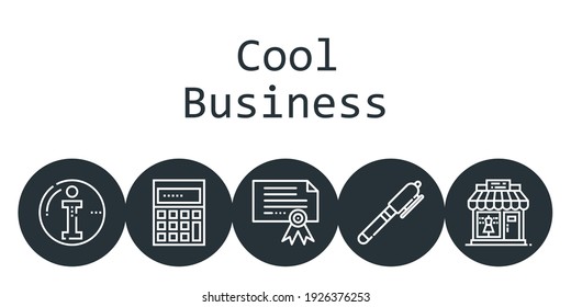 cool business background concept with cool business icons. Icons related clothing shop, certificate, pen, calculating, info