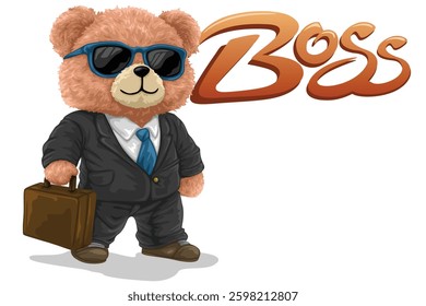 Cool business bear in a black suit with sunglasses and Boss text  
