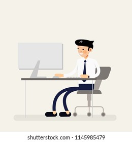 Cool Business Man working on desktop computer. Businessman character sitting behind the office desk. Vector flat design illustration Stock.