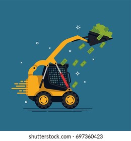 Cool business vector concept on bunch of money, easy income or fast profit illustration. Skid steer loader riding fast with full bucketload of money