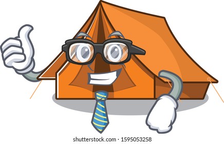 Cool Businessman camping tent Scroll cartoon character with glasses