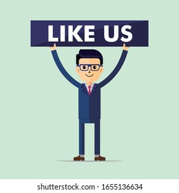 A cool businessman character with board that says like us. Graphic asset for office and business activity.