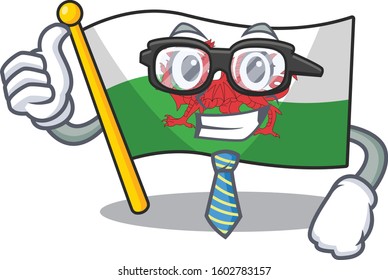 Cool Businessman flag wales Scroll cartoon character with glasses