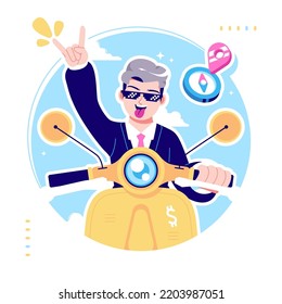 cool businessman ride a scooter illustration background