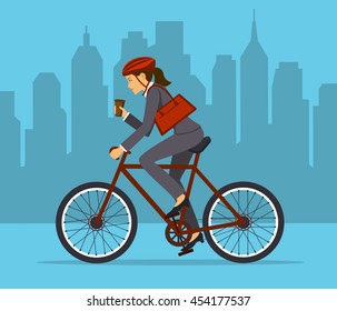 Cool Businesswoman riding bicycle to office. Eco friendly trendy city bike to work 