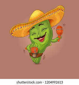 Cool cactus character dancing with maracas in sombrero hat. Siesta time illustration suitable for festival of Mexican cuisine