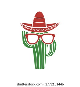 Cool cactus mascot with sombrero hat and glasses isolated on white background cartoon vector illustration