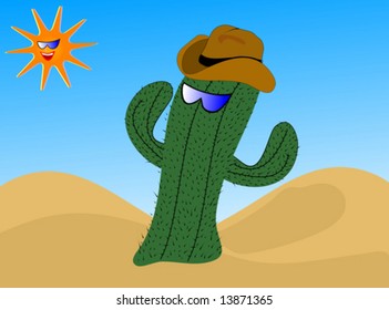 Una fría ilustración de cactus vectorial con un gran cactus usando gafas de sol y un sombrero de vaquero en un desierto con un sol sonriente caliente