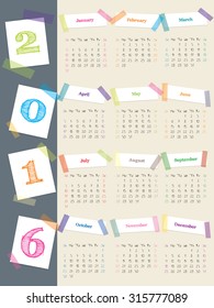 Cool calendar design with color tapes for year 2016