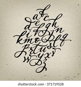 Cool calligraphic poster. Vector calligraphic alphabet. Vintage style. The alphabet written with calligraphy pen. 