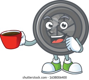 Cool camera lens cartoon character with a cup of coffee