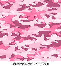 Cool camouflage for girls seamless pattern background. Classic clothing style masking camo repeat print. Pink rose ruby colors decorative texture. Design element vector illustration.