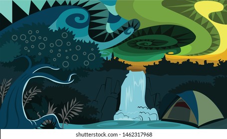 a cool camping area in the nighttime filled with colorful sky imaginations for backgrounds and illustrated stories