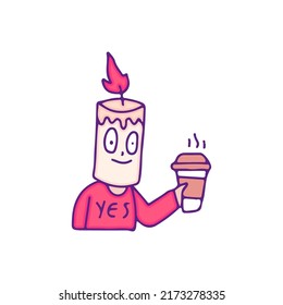 Cool candle man drink a cup of coffee, illustration for t-shirt, sticker, or apparel merchandise. With doodle, retro, and cartoon style.