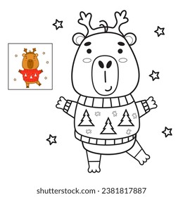 Cool capybara in Christmas sweater with deer antlers.  Vector illustration. Funny winter animal character rodent linear hand drawing, coloring book