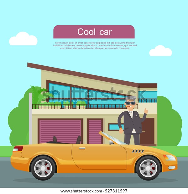 Cool car banner. Businessman with cigar standing\
near sports cabriolet and modern mansion flat vector illustration.\
Success in business and wealth concept. For car shop ad, company\
web page design