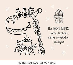Cool card with character winter dragon with Christmas gift with holly. Vector illustration. outline hand drawing. Xmas design, holiday decor, coloring. 2024 year dragon according eastern calendar.