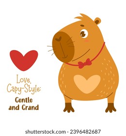 Cool card with cute capybara animal boy in love. Vector illustration. Funny character rodent for cards, design, print, romantic valentine 