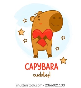 Cool card with cute capybara hugging heart. Vector illustration. Funny animal character rodent for cards, design, print, romantic valentine, kids collection