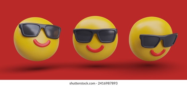 Cool carefree emoticon in sunglasses. Ganga style. Set of 3D icons on red background. Isolated vector image. Symbol of self satisfaction, happiness, rest