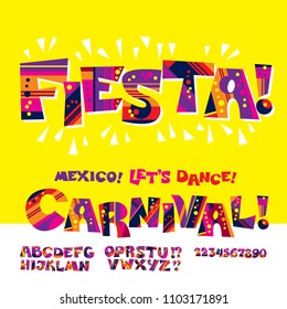 Cool Carnival or Fiesta ABC for header, poster, cards, invitation. stock vector illustration. Bright, vibrant color alphabet for accident typography 
