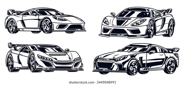 Cool cars monochrome set logotypes with low-slung sports automobiles for fast acceleration during street racing vector illustration