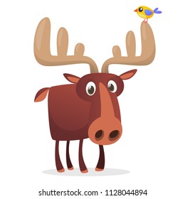 Cool carton moose with a bird on the horn. Vector illustration isolated. Poster design of sticker