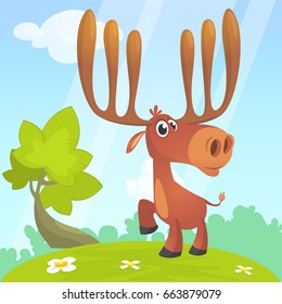 Cool carton moose. Vector illustration isolated of forest background. Poster design of sticker