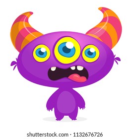 Cool cartoon alien with three eyes. Vector purple monster illustration. Halloween design