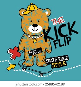 Cool cartoon bear skateboarding with urban typography and playful design on a blue background. Kids street style concept
