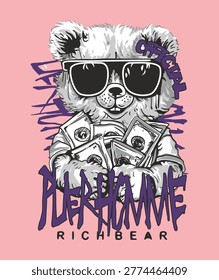 A cool cartoon bear wearing sunglasses, holding stacks of money, with bold text 