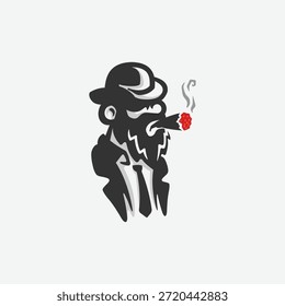 Homem barbudo de desenhos animados legal em chapéu fedora e terno fumando um charuto, vetor mascote ilustração.