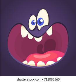 Cool cartoon black monster face yelling. Halloween vector illustration. Design for print, party invitation or emblem