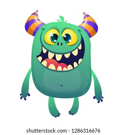 Cool cartoon blue monster smiling. Vector horned monster