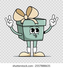 Cool Cartoon Box Character. Vintage 70s Comic Book Characters. Funny Gift On Transparent Background.