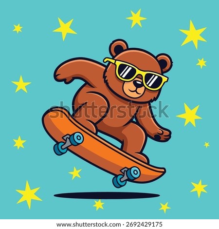 A cool cartoon brown bear character wearing sunglasses and skillfully riding a skateboard against a fun, starry blue background. This energetic and trendy animal mascot is perfect for a modern brand.