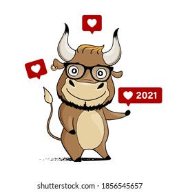 Cool Cartoon Bull With Hipster Glasses And Like Icons . Symbol Of 2021. Vector Illustration